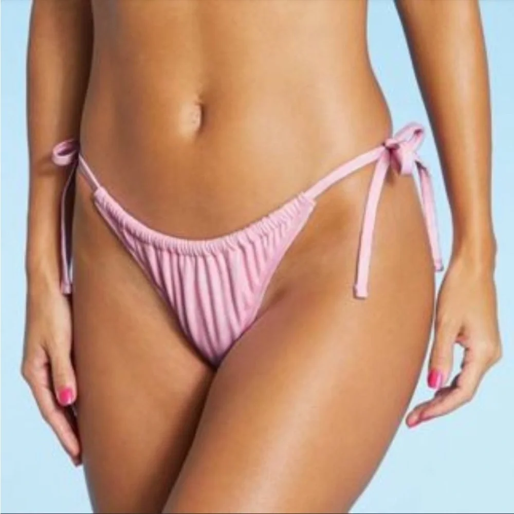 Juniors Shirred Side-Tie Hi Leg Scoop Bikini Bottom Xhilaration NWT Pink Dot - Picture 1 of 7